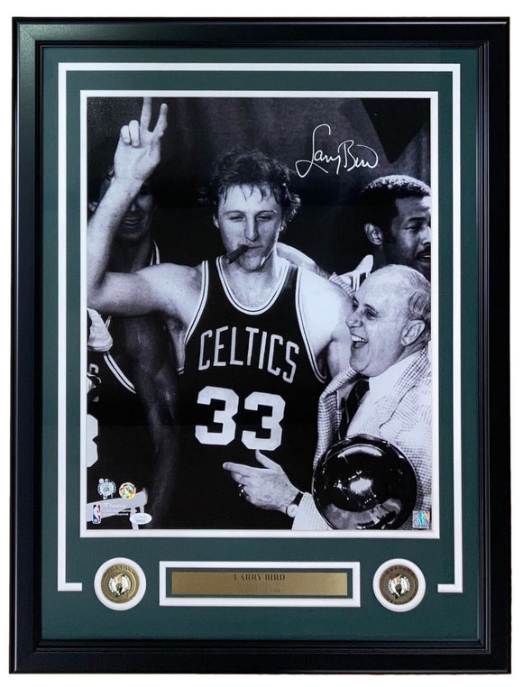 Larry Bird Signed In White Framed 16x20 Celtics Photo w/ Auerbach Bird+JSA