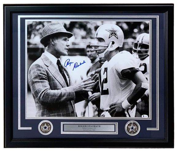 Roger Staubach Signed Framed 16x20 Dallas Cowboys Photo w/ Tom Landry BAS