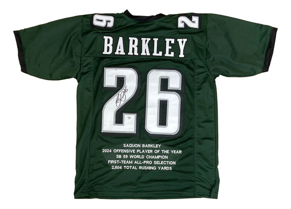 Saquon Barkley Signed Green 2024 SB Stat Football Jersey PSA/DNA