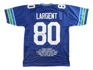 Steve Largent Seattle Signed Blue Stat Football Jersey HOF 95 Inscribed JSA