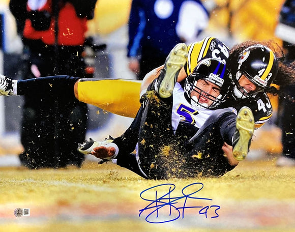 Troy Polamalu Signed 16x20 Pittsburgh Steelers Sack vs Ravens Photo BAS ITP