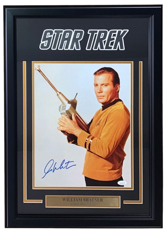 William Shatner Signed Framed 11x14 Star Trek Gun Photo JSA ITP